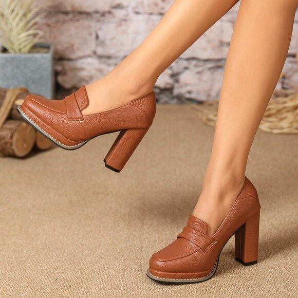 Brown Elegant Women's High Heel Square Toe Shoes - Picture 2 of 8